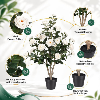 Rubber Tree 4.6 FT Artificial Magnolia Tree in Planter Pot, Faux Plants Indoor Faux Floor Plant Artificial Plants with 7 Pcs Calla Lily Flowers for Home Office Living Room Decor Indoor