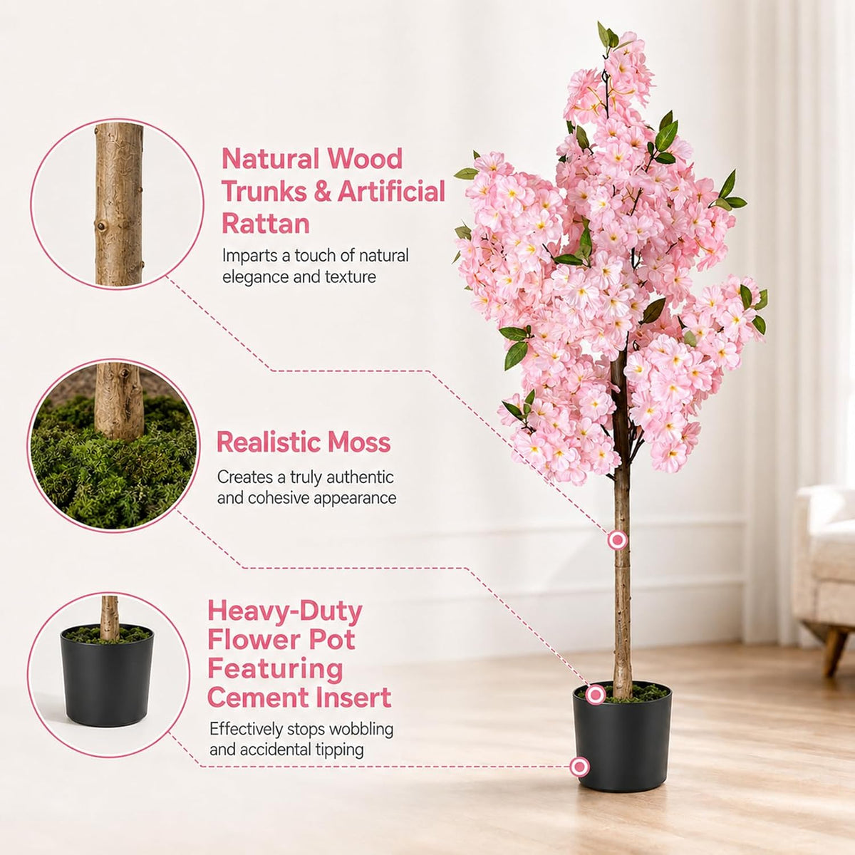 Rubber Tree 4.6 FT Artificial Magnolia Tree in Planter Pot, Faux Plants Indoor Faux Floor Plant Artificial Plants with 7 Pcs Calla Lily Flowers for Home Office Living Room Decor Indoor