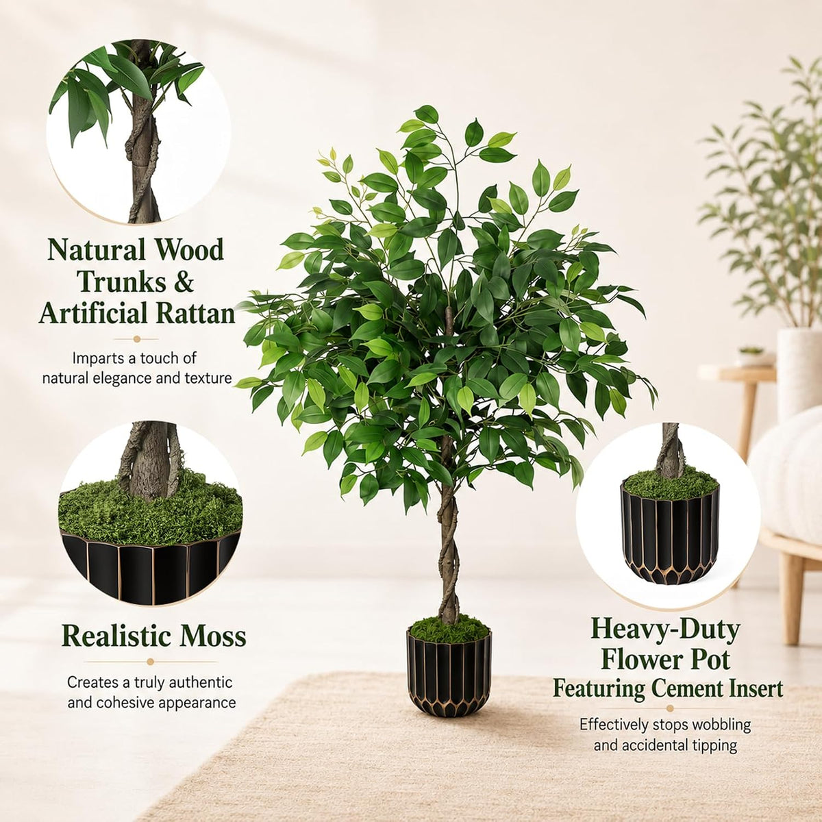 Rubber Tree 4.6 FT Artificial Magnolia Tree in Planter Pot, Faux Plants Indoor Faux Floor Plant Artificial Plants with 7 Pcs Calla Lily Flowers for Home Office Living Room Decor Indoor