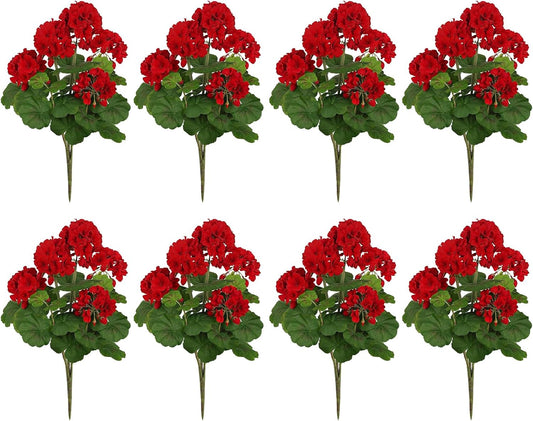 8 Bundles Artificial Geraniums for Outdoors - Red Silk Fake Flowers - UV Resistant Realistic Faux Plants for Window Boxes Porch Garden Patio Planters Graveyard Decor