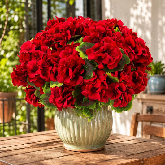 8 Bundles Artificial Geraniums for Outdoors - Red Silk Fake Flowers - UV Resistant Realistic Faux Plants for Window Boxes Porch Garden Patio Planters Graveyard Decor