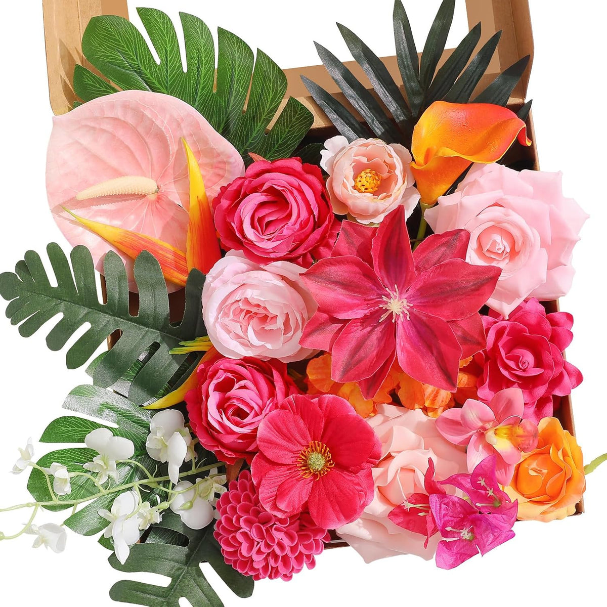 Alecono Hot Pink Silk Artificial Flowers Anthurium Palm Tropical Decor