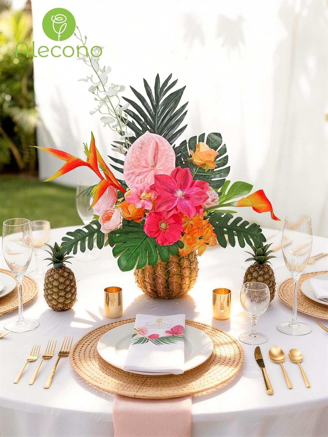 Alecono Hot Pink Silk Artificial Flowers Anthurium Palm Tropical Decor