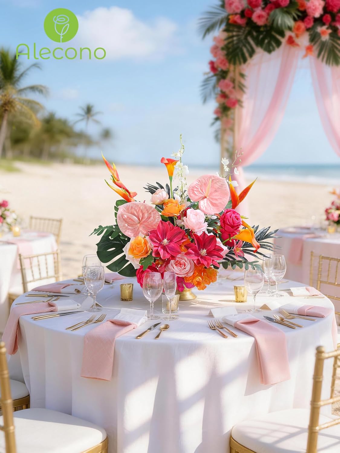 Alecono Hot Pink Silk Artificial Flowers Anthurium Palm Tropical Decor