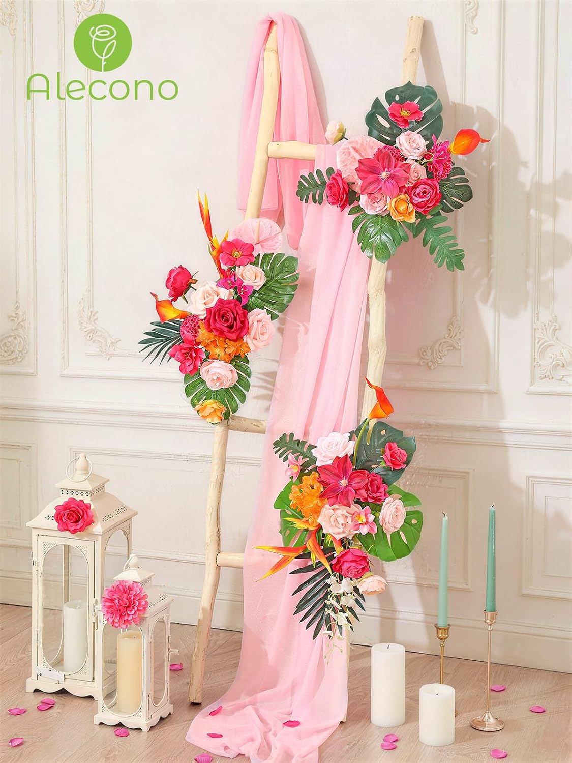 Alecono Hot Pink Silk Artificial Flowers Anthurium Palm Tropical Decor