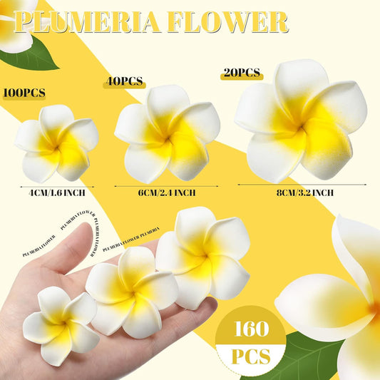 160 Pcs Artificial Plumeria Flower Hawaiian White Foam Frangipani Petals Cap Hair Hat Wreath Floral DIY Craft for Home Beach Wedding Party Decoration (1.6 Inch,2.4 Inch,3.2 Inch)
