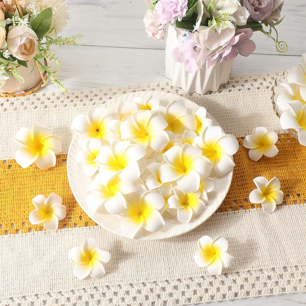 160 Pcs Artificial Plumeria Flower Hawaiian White Foam Frangipani Petals Cap Hair Hat Wreath Floral DIY Craft for Home Beach Wedding Party Decoration (1.6 Inch,2.4 Inch,3.2 Inch)