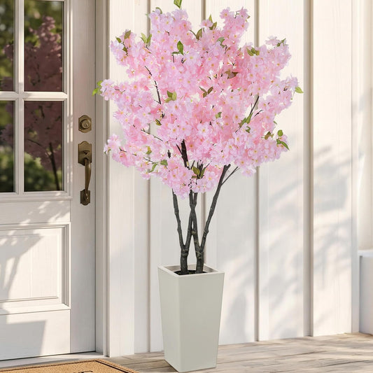 Artificial Trees for Home Decor: Indoor 4.9ft Tall Fake Plants Outdoor Camellia Flowers Tree for Front Porch - Faux White Rose Plant with Pot for Living Room Door Patio Deck Yard