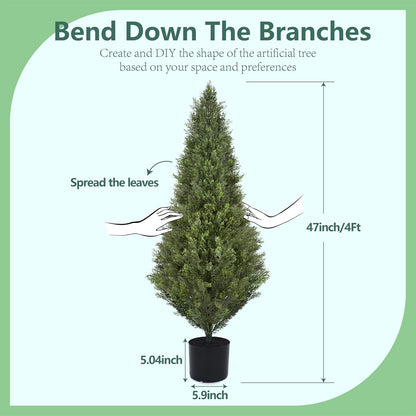 4FT 2 Pack, Artificial Cedar Trees UV Resistant Potted Cypress Trees