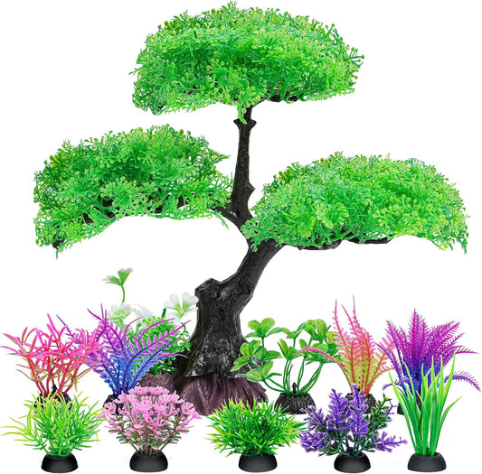 Aquarium Artificial Plastic Plants Decoration, Pink Cherry Blossom Tree Aquarium Decor Set, Goldfish Betta Fish Tank Decorations Hides Accessories（Pink