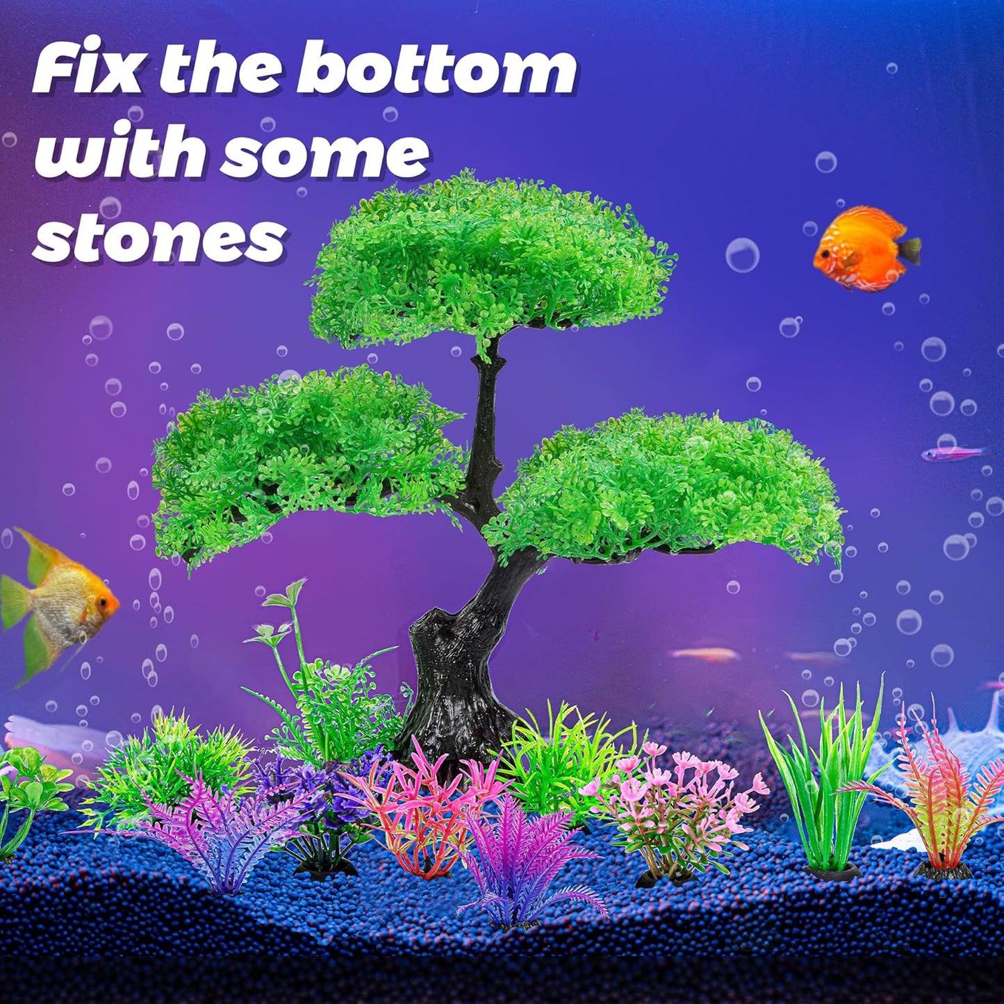 Aquarium Artificial Plastic Plants Decoration, Pink Cherry Blossom Tree Aquarium Decor Set, Goldfish Betta Fish Tank Decorations Hides Accessories（Pink