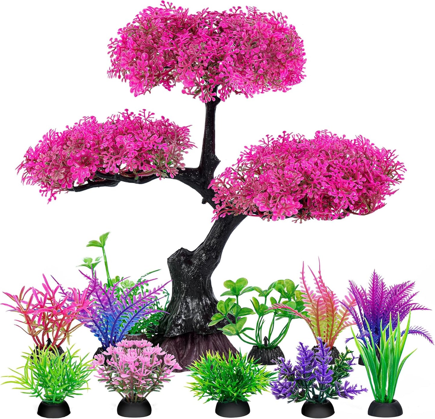 Aquarium Artificial Plastic Plants Decoration, Pink Cherry Blossom Tree Aquarium Decor Set, Goldfish Betta Fish Tank Decorations Hides Accessories（Pink