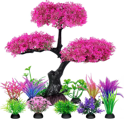 Aquarium Artificial Plastic Plants Decoration, Pink Cherry Blossom Tree Aquarium Decor Set, Goldfish Betta Fish Tank Decorations Hides Accessories（Pink
