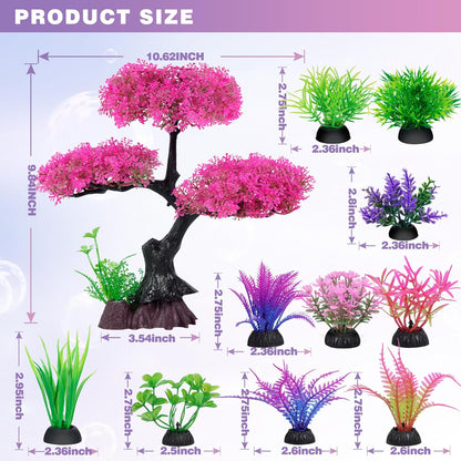 Aquarium Artificial Plastic Plants Decoration, Pink Cherry Blossom Tree Aquarium Decor Set, Goldfish Betta Fish Tank Decorations Hides Accessories（Pink