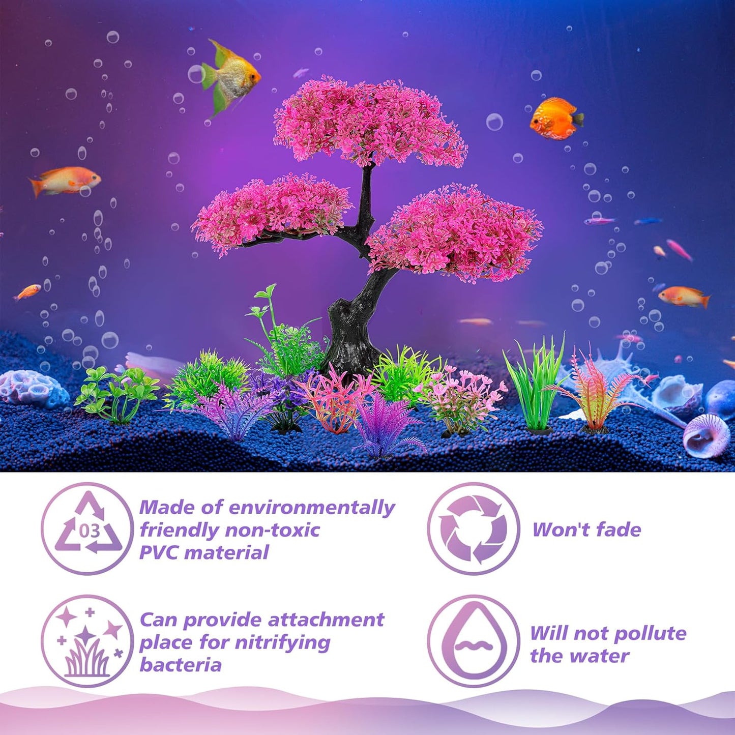 Aquarium Artificial Plastic Plants Decoration, Pink Cherry Blossom Tree Aquarium Decor Set, Goldfish Betta Fish Tank Decorations Hides Accessories（Pink