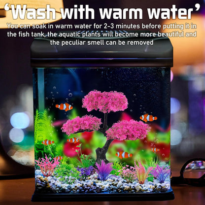Aquarium Artificial Plastic Plants Decoration, Pink Cherry Blossom Tree Aquarium Decor Set, Goldfish Betta Fish Tank Decorations Hides Accessories（Pink
