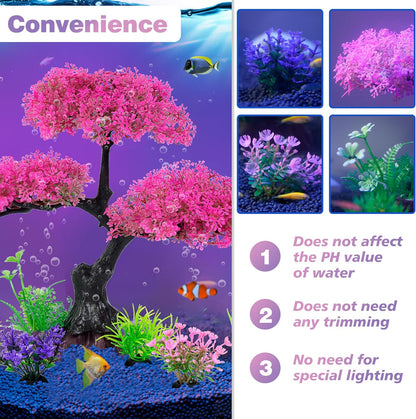 Aquarium Artificial Plastic Plants Decoration, Pink Cherry Blossom Tree Aquarium Decor Set, Goldfish Betta Fish Tank Decorations Hides Accessories（Pink