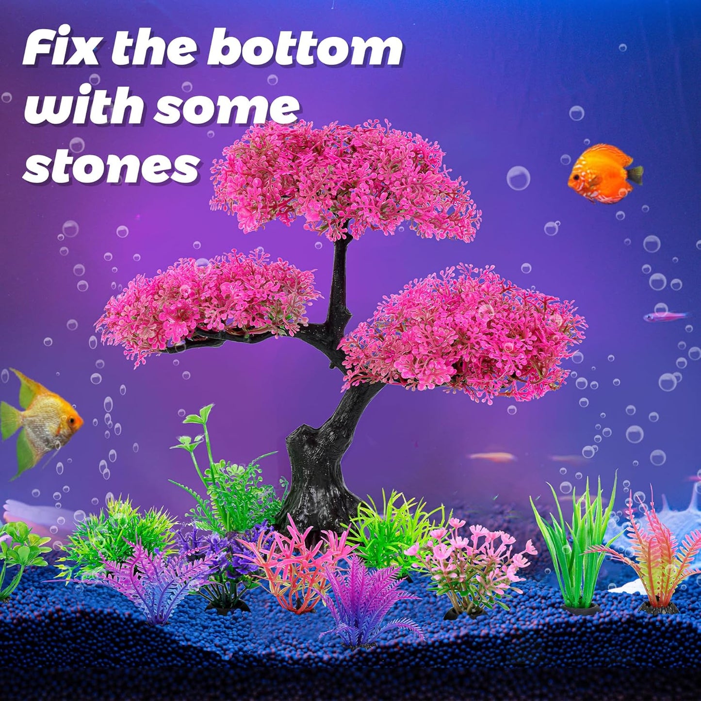 Aquarium Artificial Plastic Plants Decoration, Pink Cherry Blossom Tree Aquarium Decor Set, Goldfish Betta Fish Tank Decorations Hides Accessories（Pink