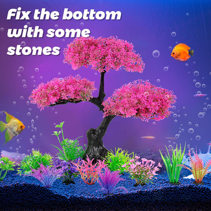 Aquarium Artificial Plastic Plants Decoration, Pink Cherry Blossom Tree Aquarium Decor Set, Goldfish Betta Fish Tank Decorations Hides Accessories（Pink