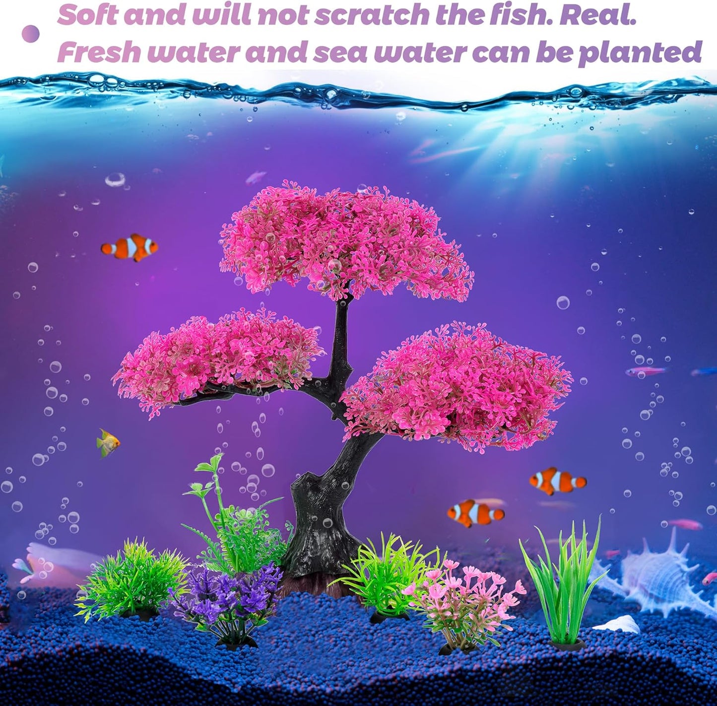 Aquarium Artificial Plastic Plants Decoration, Pink Cherry Blossom Tree Aquarium Decor Set, Goldfish Betta Fish Tank Decorations Hides Accessories（Pink