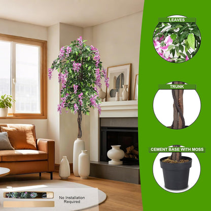 Artificial Wisteria Tree, Purple Red Wisteria w/Pot, Flowers, 2 Trunks, 1260 Leaves, Tall Artificial Trees Potted Plants for Outdoors, Home, Office, Garden, Living Room, Set of 2
