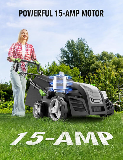 16” Artificial Turf Sweeper, 2000w Artificial Turf Vacuum Grass Sweeper 15 Amp Lawn Sweeper Yard Power Brush with 55L Removable Leaf Collection Bag, Quick-Fold, Keeps Clear Sweepy Box, Celadon