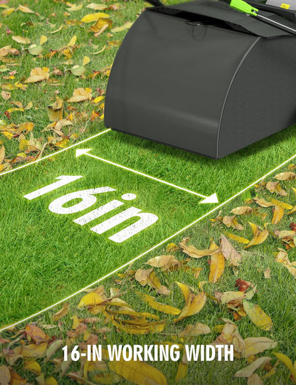 16” Artificial Turf Sweeper, 2000w Artificial Turf Vacuum Grass Sweeper 15 Amp Lawn Sweeper Yard Power Brush with 55L Removable Leaf Collection Bag, Quick-Fold, Keeps Clear Sweepy Box, Celadon