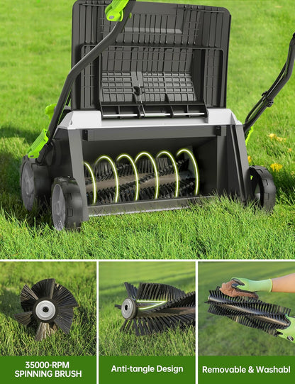 16” Artificial Turf Sweeper, 2000w Artificial Turf Vacuum Grass Sweeper 15 Amp Lawn Sweeper Yard Power Brush with 55L Removable Leaf Collection Bag, Quick-Fold, Keeps Clear Sweepy Box, Celadon