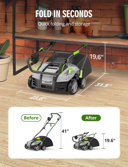 16” Artificial Turf Sweeper, 2000w Artificial Turf Vacuum Grass Sweeper 15 Amp Lawn Sweeper Yard Power Brush with 55L Removable Leaf Collection Bag, Quick-Fold, Keeps Clear Sweepy Box, Celadon