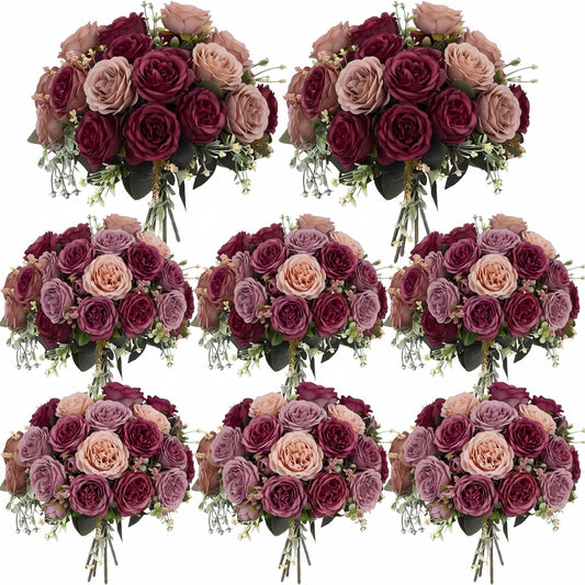 8 Bundles Artificial Peonies Flowers Fake Silk Peony Bouquet Faux Peonies Flowers Bulk for Decoration Vase Floral Arrangements Wedding Party Table (Russet Red,Light Pink) - Colors A
