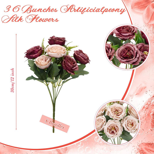 8 Bundles Artificial Peonies Flowers Fake Silk Peony Bouquet Faux Peonies Flowers Bulk for Decoration Vase Floral Arrangements Wedding Party Table (Russet Red,Light Pink) - Colors A