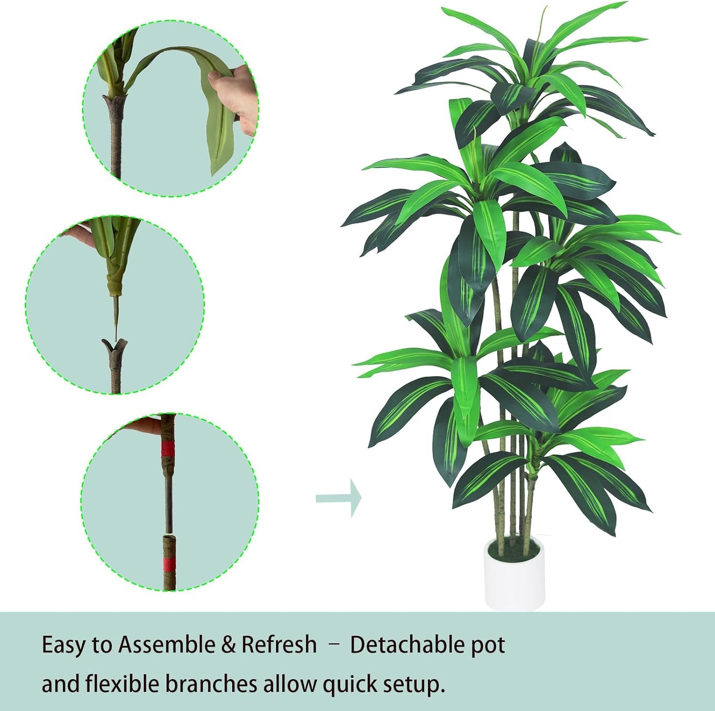 6ft Artificial Dracaena Tree for Home Decor, Potted Faux Plant with Realistic Wood Trunk & Lifelike Leaves, Low Maintenance Tall Floor Tree for Living Room, Office (6ft)