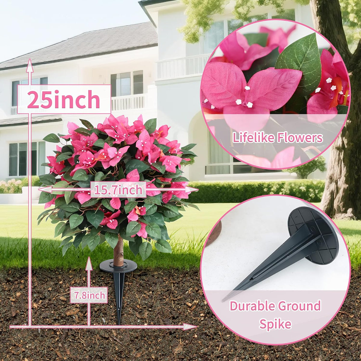 24inch Artificial Bougainvillea Flowers Trees with Ground Spike, Fake Bougainvillea Topiary Ball Tree with Flowers, Faux Azalea Plants for Outdoor Indoor Garden Yard Front Porch Decer (Set of 2)