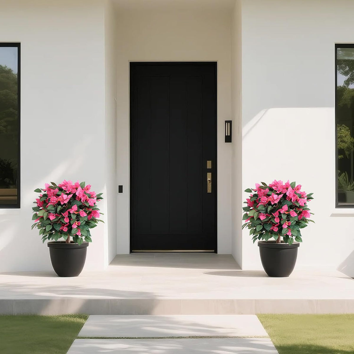 24inch Artificial Bougainvillea Flowers Trees with Ground Spike, Fake Bougainvillea Topiary Ball Tree with Flowers, Faux Azalea Plants for Outdoor Indoor Garden Yard Front Porch Decer (Set of 2)