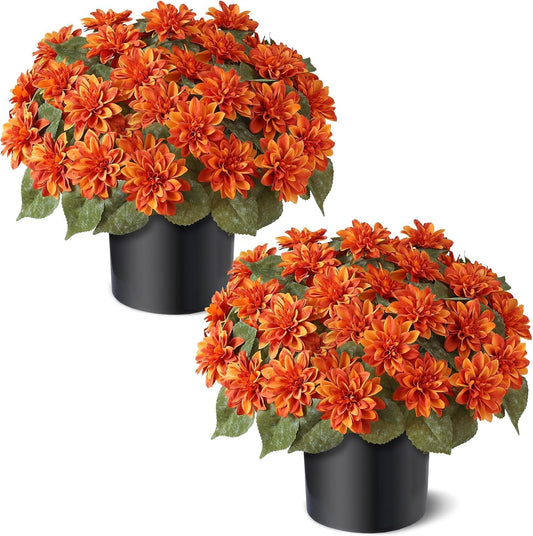 2 Set 20"Fall Artificial Dahlia Flower Topiary Ball Trees for Porch(Orange) | with Pots,No Assembly Required,UV Resistant Faux Floral Shrub Potted,for Front Door Farmhouse Outdoor Autumn Decor