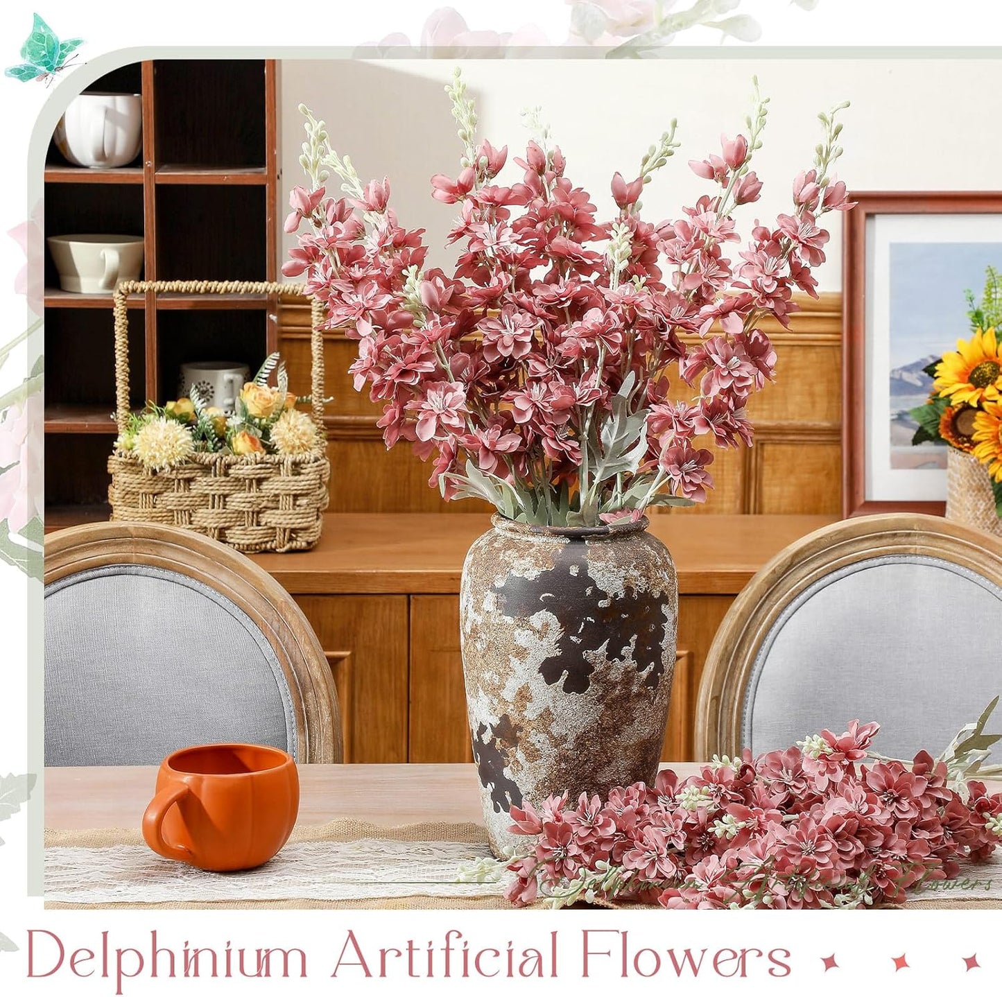Thiccywoov 12 Pcs Delphinium Artificial Flowers, 33.5'' Long Stem Lifelike Faux Silk Flower Fake Look Real Bouquet for Tall Vase DIY Wedding Party Home Kitchen Arrangement Decor(White)