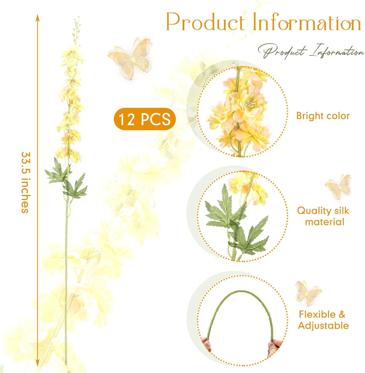 Thiccywoov 12 Pcs Delphinium Artificial Flowers, 33.5'' Long Stem Lifelike Faux Silk Flower Fake Look Real Bouquet for Tall Vase DIY Wedding Party Home Kitchen Arrangement Decor(White)