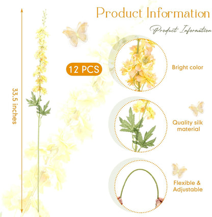 Thiccywoov 12 Pcs Delphinium Artificial Flowers, 33.5'' Long Stem Lifelike Faux Silk Flower Fake Look Real Bouquet for Tall Vase DIY Wedding Party Home Kitchen Arrangement Decor(White)
