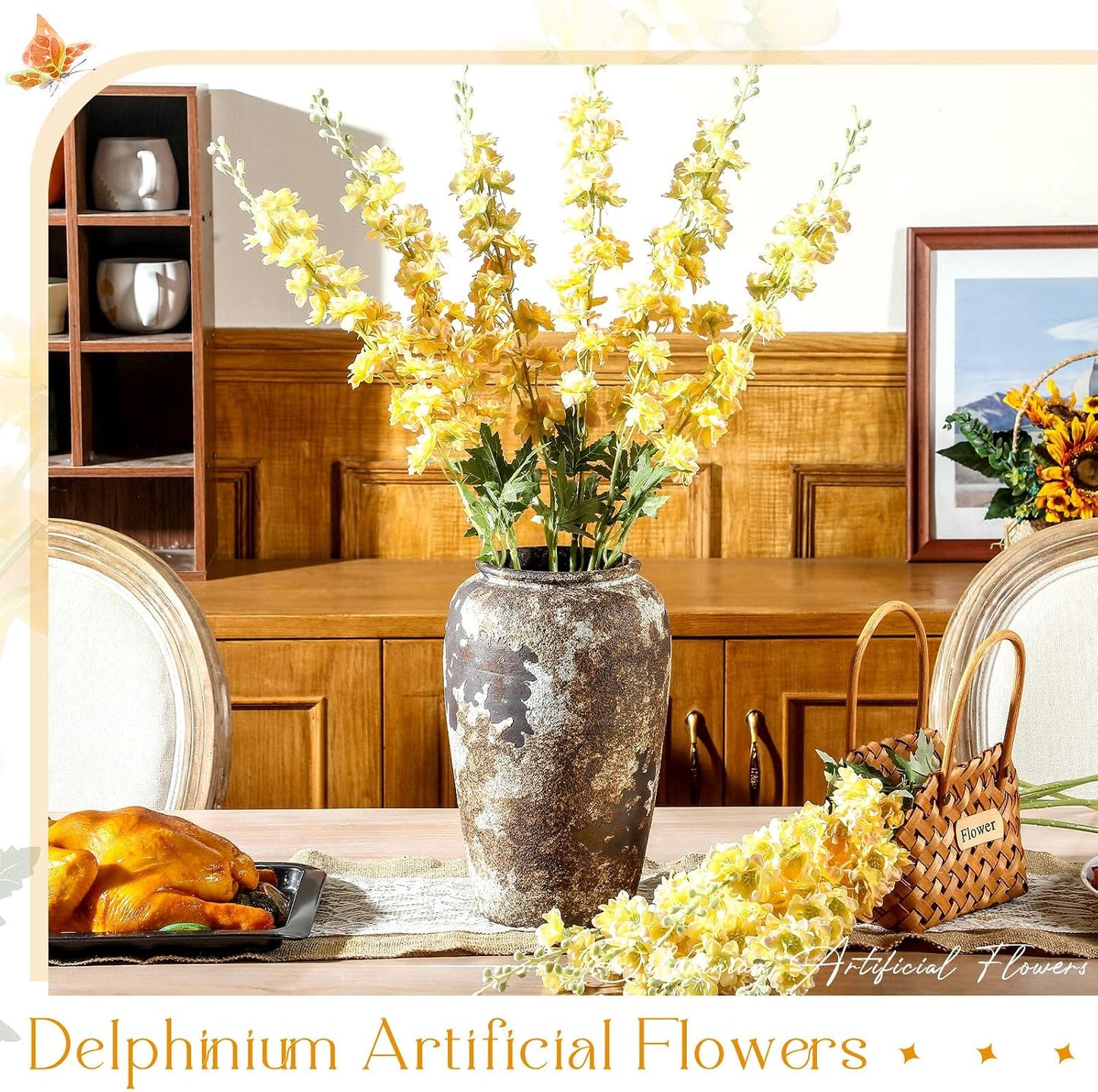 Thiccywoov 12 Pcs Delphinium Artificial Flowers, 33.5'' Long Stem Lifelike Faux Silk Flower Fake Look Real Bouquet for Tall Vase DIY Wedding Party Home Kitchen Arrangement Decor(White)