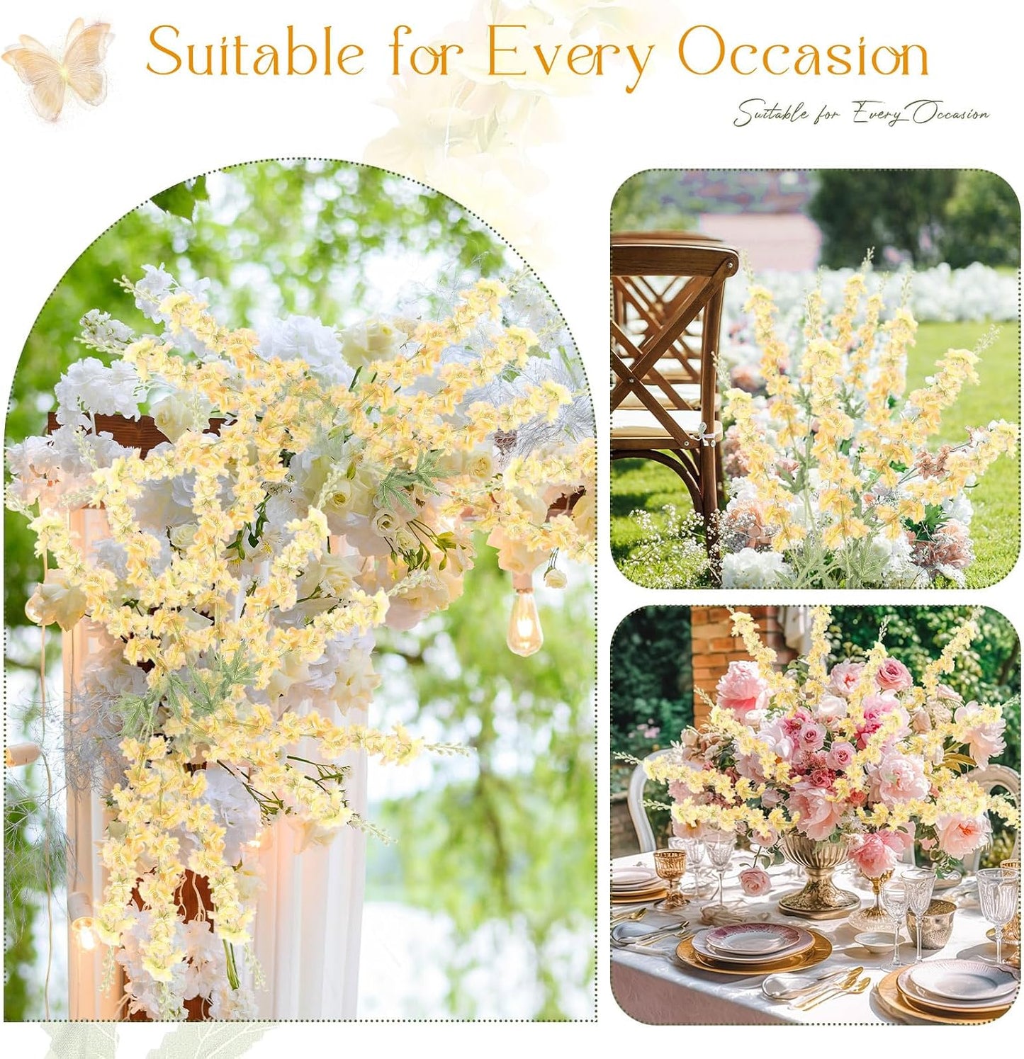 Thiccywoov 12 Pcs Delphinium Artificial Flowers, 33.5'' Long Stem Lifelike Faux Silk Flower Fake Look Real Bouquet for Tall Vase DIY Wedding Party Home Kitchen Arrangement Decor(White)