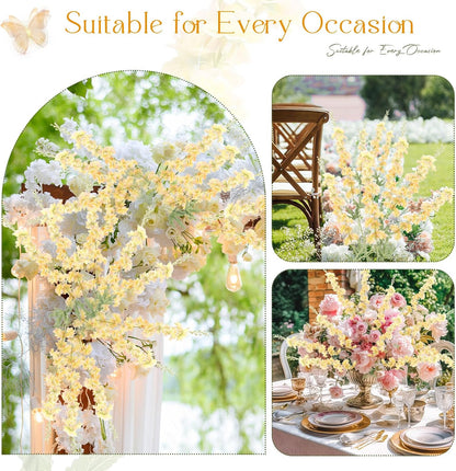 Thiccywoov 12 Pcs Delphinium Artificial Flowers, 33.5'' Long Stem Lifelike Faux Silk Flower Fake Look Real Bouquet for Tall Vase DIY Wedding Party Home Kitchen Arrangement Decor(White)