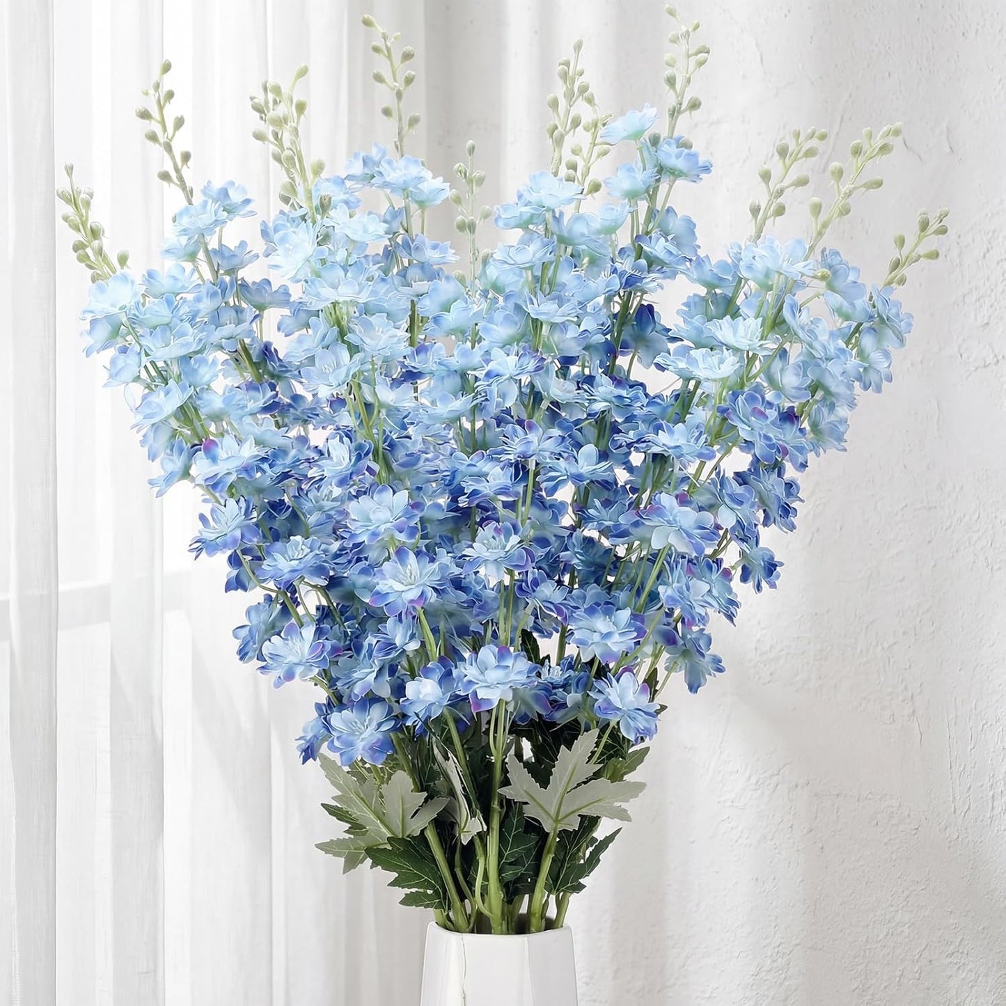 Thiccywoov 12 Pcs Delphinium Artificial Flowers, 33.5'' Long Stem Lifelike Faux Silk Flower Fake Look Real Bouquet for Tall Vase DIY Wedding Party Home Kitchen Arrangement Decor(White)