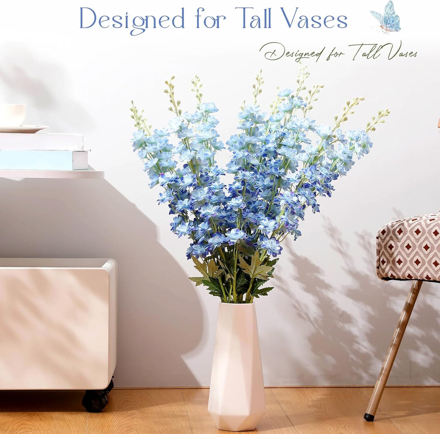 Thiccywoov 12 Pcs Delphinium Artificial Flowers, 33.5'' Long Stem Lifelike Faux Silk Flower Fake Look Real Bouquet for Tall Vase DIY Wedding Party Home Kitchen Arrangement Decor(White)