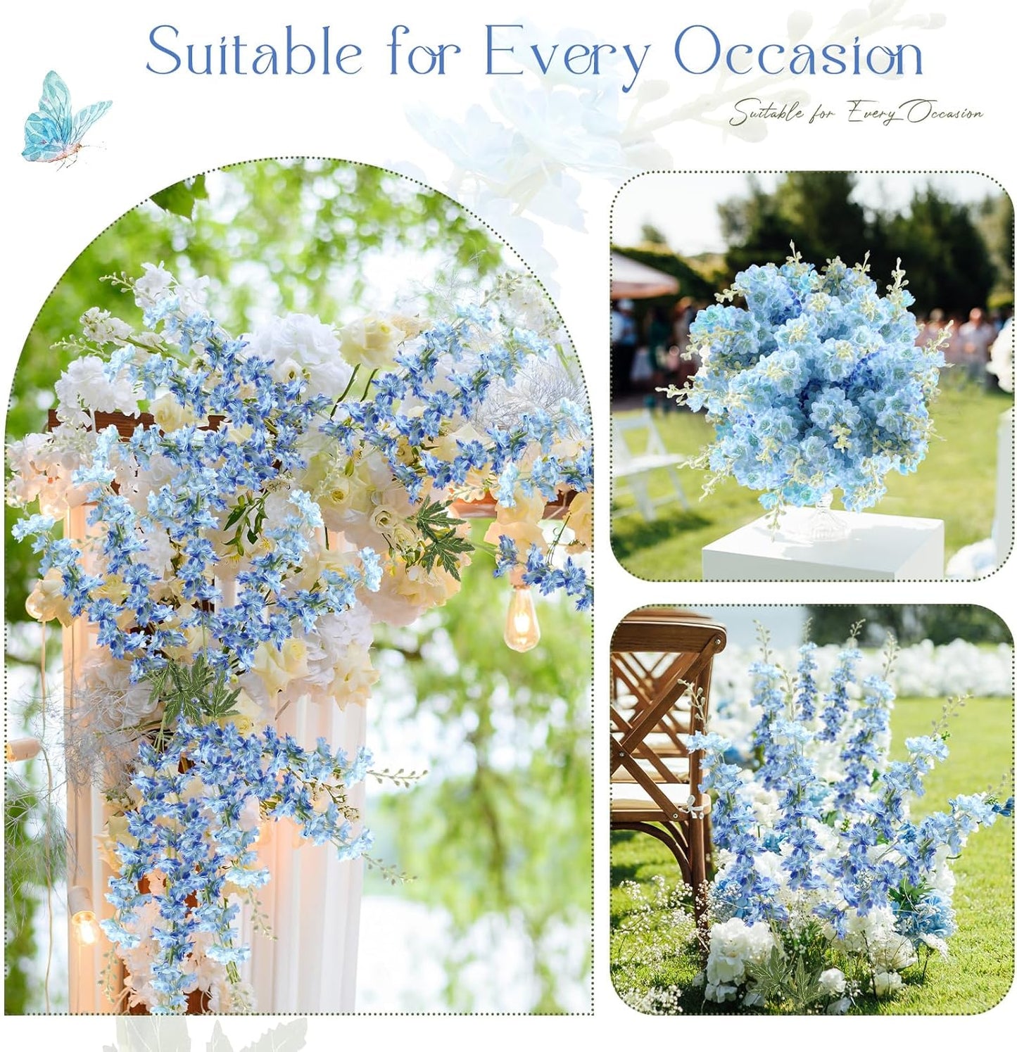 Thiccywoov 12 Pcs Delphinium Artificial Flowers, 33.5'' Long Stem Lifelike Faux Silk Flower Fake Look Real Bouquet for Tall Vase DIY Wedding Party Home Kitchen Arrangement Decor(White)
