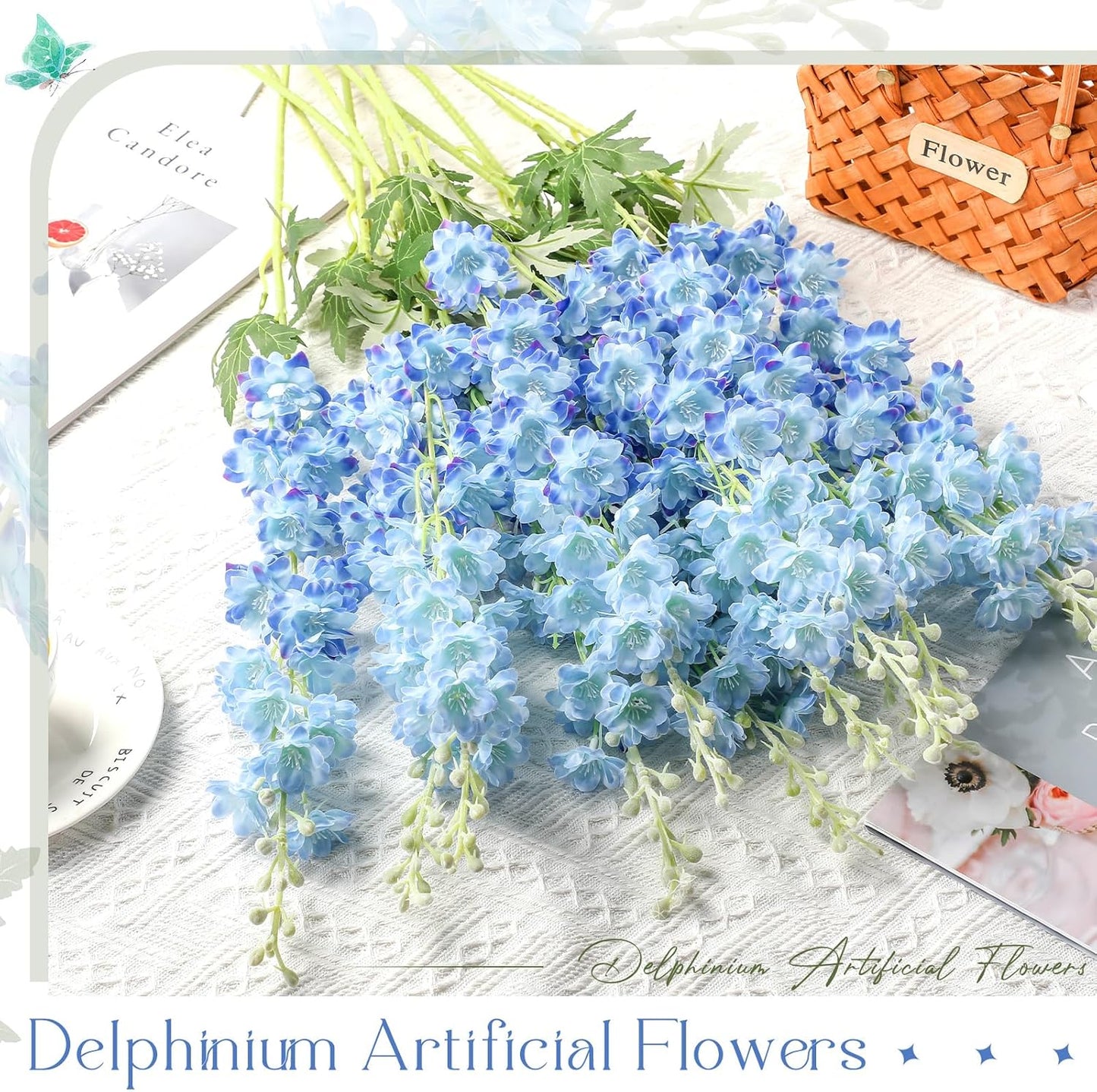 Thiccywoov 12 Pcs Delphinium Artificial Flowers, 33.5'' Long Stem Lifelike Faux Silk Flower Fake Look Real Bouquet for Tall Vase DIY Wedding Party Home Kitchen Arrangement Decor(White)