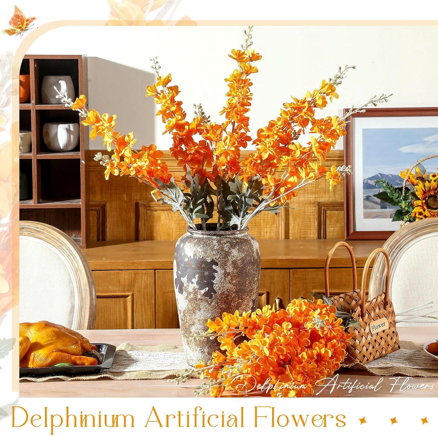 Thiccywoov 12 Pcs Delphinium Artificial Flowers, 33.5'' Long Stem Lifelike Faux Silk Flower Fake Look Real Bouquet for Tall Vase DIY Wedding Party Home Kitchen Arrangement Decor(White)