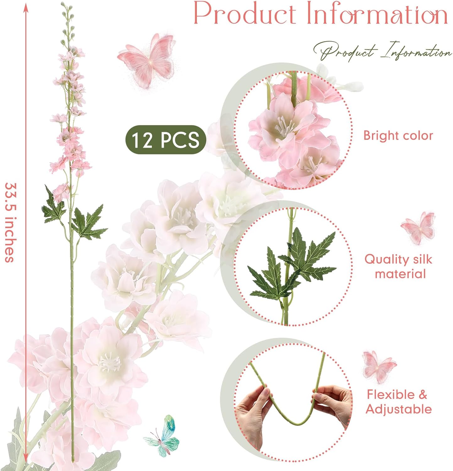 Thiccywoov 12 Pcs Delphinium Artificial Flowers, 33.5'' Long Stem Lifelike Faux Silk Flower Fake Look Real Bouquet for Tall Vase DIY Wedding Party Home Kitchen Arrangement Decor(White)
