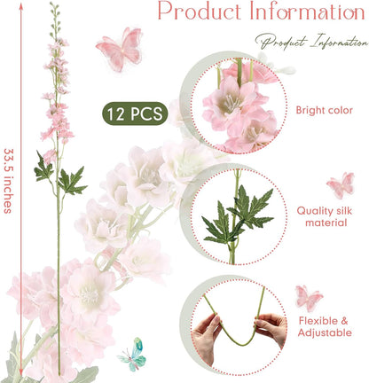 Thiccywoov 12 Pcs Delphinium Artificial Flowers, 33.5'' Long Stem Lifelike Faux Silk Flower Fake Look Real Bouquet for Tall Vase DIY Wedding Party Home Kitchen Arrangement Decor(White)