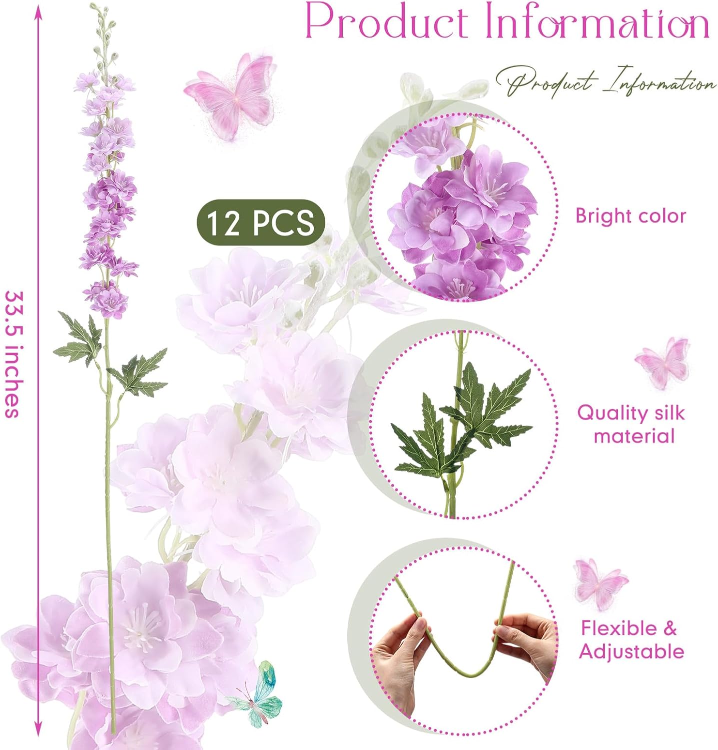 Thiccywoov 12 Pcs Delphinium Artificial Flowers, 33.5'' Long Stem Lifelike Faux Silk Flower Fake Look Real Bouquet for Tall Vase DIY Wedding Party Home Kitchen Arrangement Decor(White)