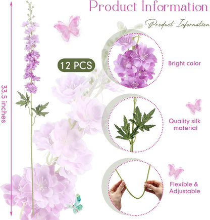 Thiccywoov 12 Pcs Delphinium Artificial Flowers, 33.5'' Long Stem Lifelike Faux Silk Flower Fake Look Real Bouquet for Tall Vase DIY Wedding Party Home Kitchen Arrangement Decor(White)